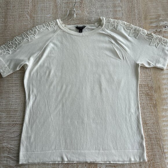 Ann Taylor Ivory/Creme/Beige Lace Short Sleeve Knit Top Cotton/Silk Blend LP - Picture 2 of 10